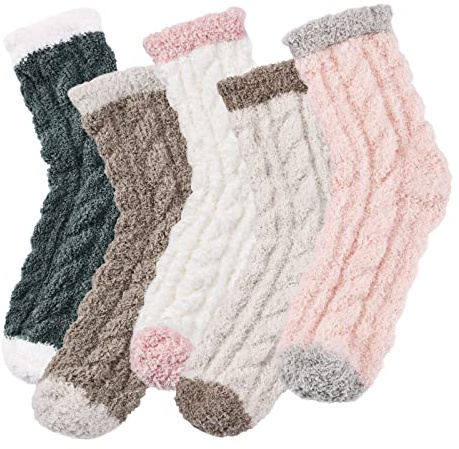 Clothirily 5 Pair Fuzzy Socks for Women - Fluffy Socks Womens, Soft Cozy Slipper Sock for Women, Womens Winter Super Warm Fuzzy Sleeping Sock, Morandi Color