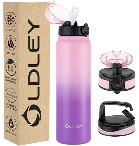 OLDLEY 1L Botella Agua Acero Inoxidable con Pajita, Aislado al Vacío Botellas Agua Metal Prueba de Fugas, Mantiene las Bebidas Calientes y Frías para Bicicleta, Camping, Deportes, Mujeres, Hombres