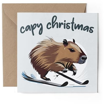 1 x Grußkarte – Merry Christmas Capy Xmas Skifahren Capybara Ski Snowboard Tiere Haustiere Festlich Winter Kinder Happy Aesthetic Art #81221