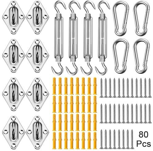 Duerer Kit fissaggio per tenda a vela ombreggiante 80 pezzi, 304 Acciaio Inox Installazione Accessori hardware per Vela Parasole da giardino Triangolare e Rettangolare, con 4x M6 Tenditore