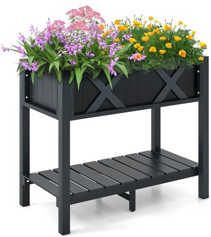 HOMASIS Fioriera rialzata con gambe, mensola, fori di drenaggio, materiale Hips resistente alle intemperie, letto per coltivazione di fiori, verdure, frutta, interni ed esterni, 86 x 45 x 73 cm, nero