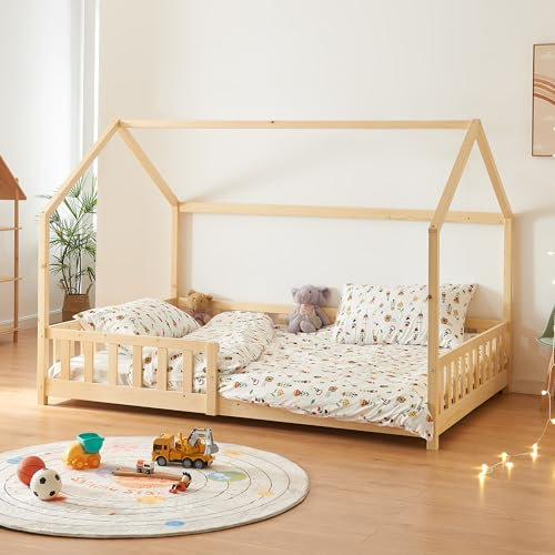 [en.casa] Hesel Children's Bed Wooden Look 120 x 200 cm with Fall Protection and Slatted Frame Montessori Floor Bed Children's Bed Wooden Bed
