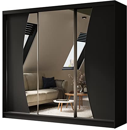 Margaret Hadas24 Kleiderschrank Vex mit Spiegel, Organizer, Mehrzweckschrank, Schwebetürenschrank, Garderobenschrank, Kleiderstange, Kleiderständer, Flurschrank, 3-türig, Schrank, schwarz, 240 cm
