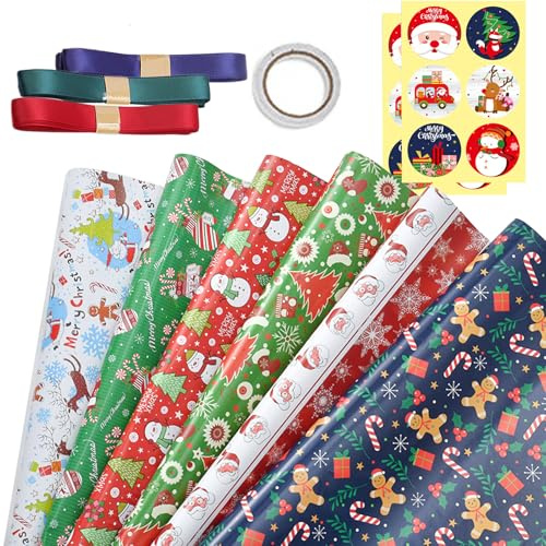 POPOYU 6 Blatt Geschenkpapier Weihnachten, 50x70cm Weihnachtsgeschenkpapier 6 Verschiedene Muster, Beschichtetem Geschenkpapier Weihnachten Set mit Aufklebern und Schleifenband für Geschenkverpackung