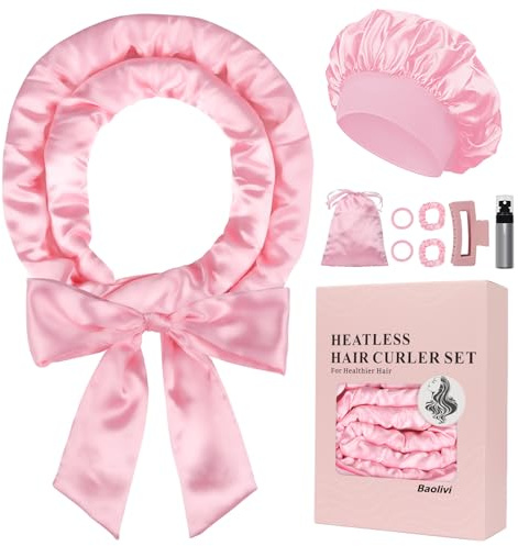 Baolivi Satin Bigoudis Bandeau Boucleur de Cheveux Boucle sans Chaleur Antidérapant, Doux Heatless Hair Curlers pour Dormir, 9 Pièces Kit de Boucles sans Chaleur pour Cheveux Moyens et Longs,Rose