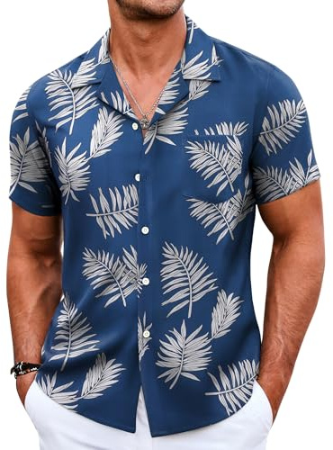 COOFANDY Hawaiiansk skjorta för män, kortärmad, avslappnad, funky strandskjorta, sommartröjor med ficka, Blått palmblad, S
