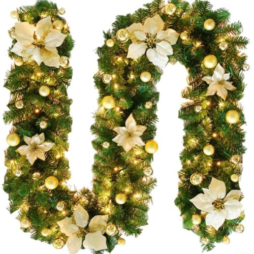 SMZhomeone Weihnachtsgirlande für Treppen, 2,7 m, Kunststoffrebe für Feiertagsdekorationen, hängende Weihnachtstreppen-Ornamente für Haustür, Treppenhaus, Veranda (Gold)
