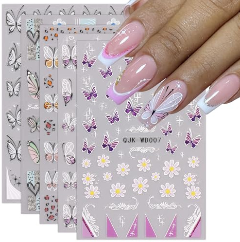 JMEOWIO 6 Sheets Flower French Butterfly Tip Nail Art Stickers Decals Self-Adhesive Nail Supplies Nail Art Design Decoration Accessories