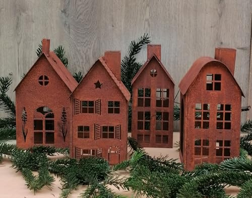 Wieder Vorrätig !! 4er Set Häuser je 26 cm hoch aus Metall in Angesagter Rostoptik beleuchtbar Weihnachtsdeko Windlichter Rost Advent Dekoration Deko Kerzenhalter