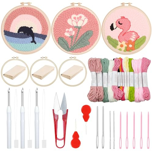 Woohome 3 Stück Punch Needle Anfänger Stickerei Set, Punch Needle Stoff mit Muster, Stickrahmen, Fäden, Anleitung für Kunsthandwerk (Wale, Blumen, Vogel)