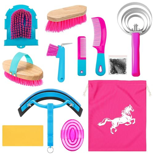 Abbylike 12 Pieces Horse Grooming Kit Equine Care Brushes, Rose Red