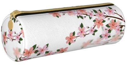 ESNAIUVCD Trousse cylindrique en cuir synthétique avec fermeture éclair réaliste et motif floral de cerisier - Multifonctionnel - Pour les étudiants, blanc, Taille unique, Trousse de beauté