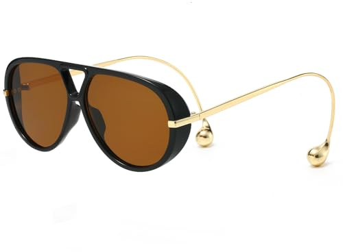 YAMEIZE Grandi Occhiali da Sole Pilota per Donna Uomo Retrò Oversized Rotondi Doppio Ponte Con Orecchino Anni '70 Occhiali da Sole Vintage UV400