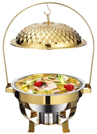 WUCIOA Hanging Lid Dining Stove, 4.5L 6L 8L Stainless Steel Round Food Warmers, Water Injection Insulation, Commercial Chafing Dish Buffet Set for Parties, Home and Restaurant(Gold,8L)