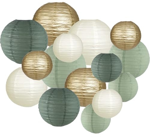 Pyuyan 15 Pezzi Lanterna di Carta Rotonda, Lanterne di Carta Sospese, Lanterne di Carta Decorative, Lanterna di Carta Verde Salvia, per Le Decorazioni di Nozze Nuziali, Compleanno, Festa in Giardino