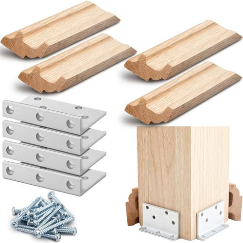 Blulu 1 Set 3 Newel Post Mounting Kit 4 Pcs L Bracket Metal Post Anchor with 4 Pcs Red Oak Wood Trim Deck Base Fasteners for Fastening Handrails Balustrades to Stairs and Floors