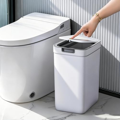 MOPUP Liten badrumskorg med lock, 12,7 l/3,4 gallon, smal soptunna, plastpapperskorg med öppningslock, hundsäker för badrum, kök, sovrum, vardagsrum