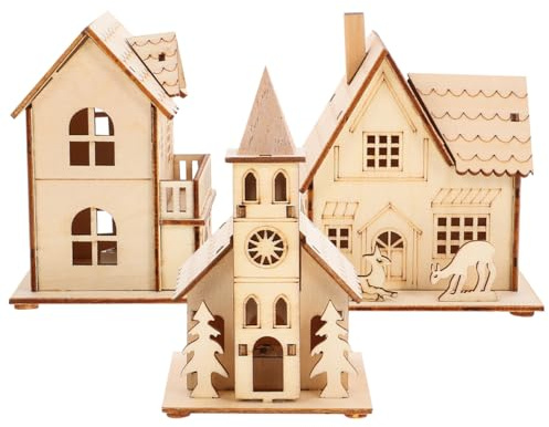 PartyKindom Weihnachtsdeko Holzhaus 3Er Set Mit Led Beleuchtung Kompakte Miniatur HolzhäUser Deko FüR Zuhause Und Café Festliche Weihnachtslandschaft Dekoration 5.12X3.94X3.35 Zoll