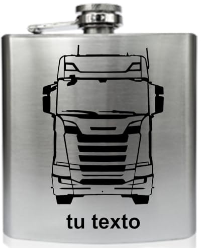 Petaca Personalizada Grabado de camion de Acero Inoxidable - Graba Tu Nombre o Frase - diseño para camionero (170ml)