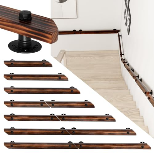 Jaxguom Corrimano in legno di pino, 200 cm, ringhiera per scale, corrimano da parete, montaggio laterale, include supporti da parete, materiale di montaggio, per interni, marrone