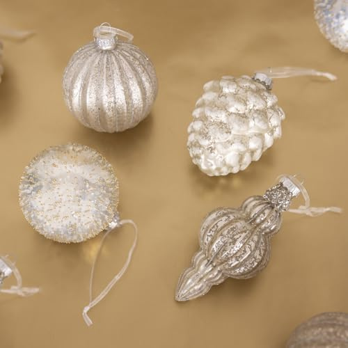 CHARLES BENTLEY 12 Piece Champagne Gold Bauble Collection, Glass Christmas Baubles, Round, Pinecone & Ice Drop Shapes, Elegant Tree Decorations, Delicate Glass, Festive, Textured, Luxury Finish
