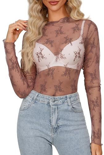 Homlan Camiseta Sexy de Malla para Mujer, Manga Larga, Transparente, Cuello Alto, Estampado Floral, Blusa Clubwear, Marrón, XXL