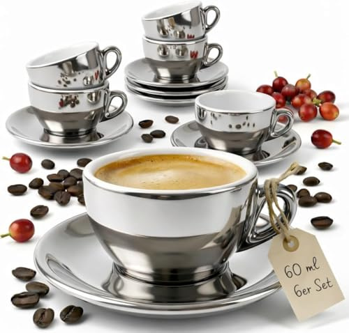 MUVELL Lot de 6 tasses à expresso | Argenté | Style italien | Paroi épaisse et lourde | Lot de 6 tasses à expresso avec soucoupes – Coffret cadeau