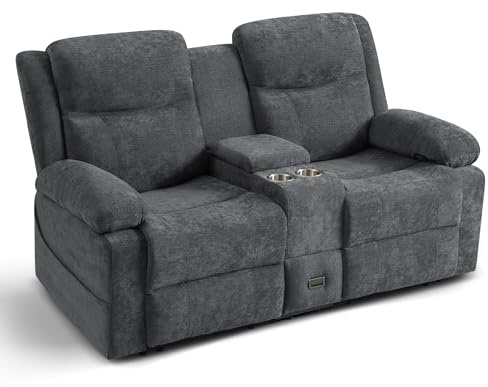 Consofa 2er Kinosessel Relaxsessel mit Liegefunktion,2 Sitzer Manuell Fernsehsessel Verstellbar, TV Sessel mit Konsole,Zweisitzer Sofa Kinosessel mit Steckdose,Schublade Becherhaltern(Grau, 175 cm)