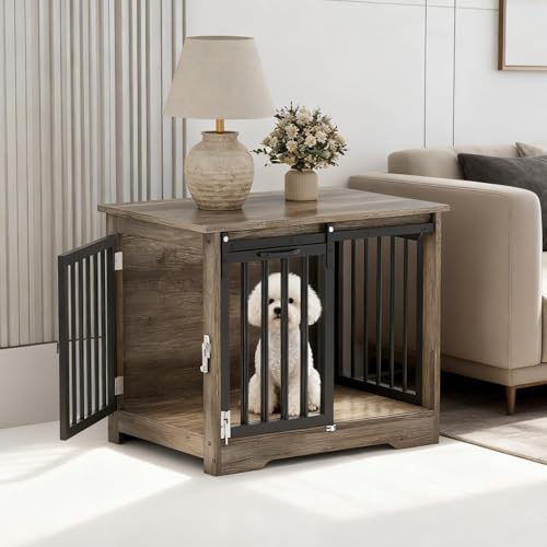 Dog Crate Furniture - Large 81cm Wooden Dog Cage with Sliding Barn Door, Chew-Proof & Lockable Indoor Kennel for Small to Medium Dogs, Dual-Door Design as Side Table (81 x 55 x 68 cm)