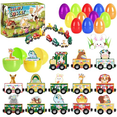 Lnsignifcjyzk 12 magnetische Holz-Zug-Ostereier für Kinder, Kinder-Zug-Set-Geschenkbox, Eiersuche-Überraschung und Partygeschenk, Osterkorb-Füllmaterial,party favors