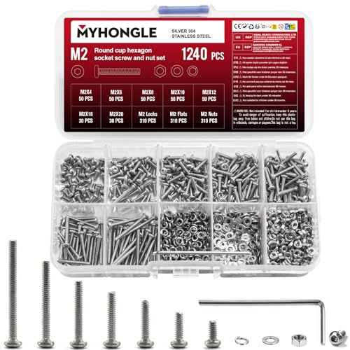 1240 Stück M2 Schrauben Set, Linsenkopfschrauben mit Muttern, Edelstahlschrauben mit innensechskant Schrauben Muttern Set Und Unterlegscheiben Sortiment, Rundkopfschrauben Sechskantschrauben
