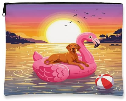 Funny Vizsla Dog Makeup Bag, Flamingos Lifebuoys Sea Cosmetic Travel Pouch for Women Girls, Portable Small Canvas Zipper Organizer, Pet Toiletry Bag 7x9 Inch