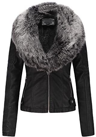 Geschallino Chaqueta Moto Corta de Piel Sintética para Mujer con Forro de Sherpa y Cuello de Piel Extraíble 9201 Negrogris L
