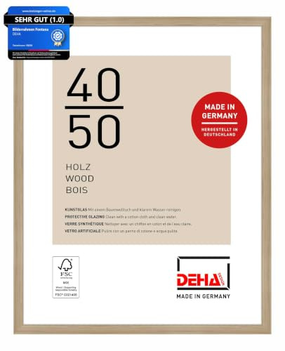 DEHA Design Holz Bilderrahmen Fontana, 40 x 50 cm, Hellbraun | Holz Posterrahmen im Hoch- & Querformat zum Aufhängen Hellbraun matt bruchsicheres Kunstglas