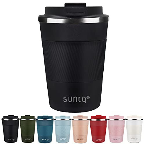 SUNTQ Kaffeebecher to go Thermo aus Edelstahl - Thermobecher mit Gummierte Manschette Doppelwand Isoliert - Kaffeetasse mit Auslaufsicherem Deckel Wiederverwendbar, Schwarz 380ml
