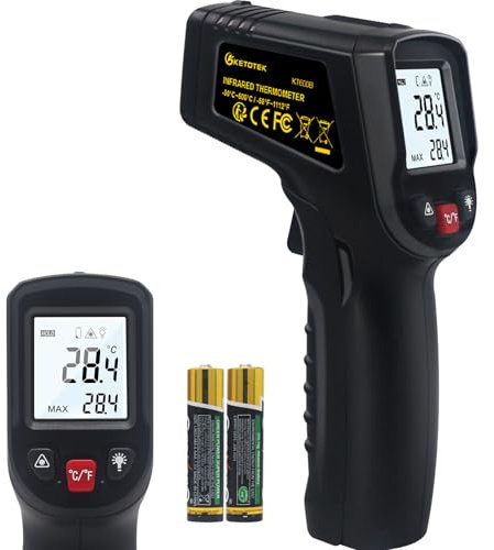 KETOTEK Infrarot Thermometer, Temperaturmessgerät IR Pyrometer Digital Laser Thermometer Berührungslos 50°C bis 600°C Temperaturmesser mit LCD Einstellbarer Emissionsgrad, für Küche Barbecue Pizzaofen