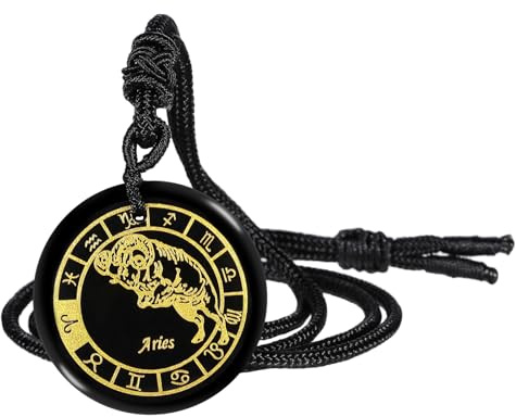 KYEYGWO Widder Runde Sternbild Anhänger mit Einstellbare Nylon Seil, Unisex Obsidian Sternzeichen Halskette Stein Amulett Segen Schmuck für Horoskop Astrologie