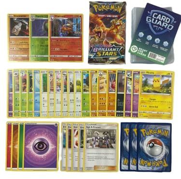 Set mit 50 Pokémon-Karten ohne doppelte Karten + 1 zufälliges Pokémon-Booster-Pack + 2 glänzende Geschenkkarten + 1 seltene Karte + 100 Hüllen Heartforcards Card Guard