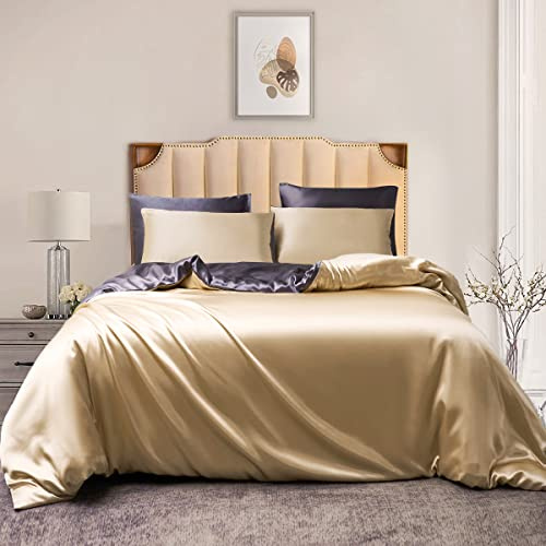 Damier - Biancheria da letto 200 x 200 cm, satinato, beige, grigio, in raso lucido, set di biancheria da letto da 3 pezzi, setosa e lucida, di lusso, con chiusura lampo e 2 federe da 80 x 80 cm