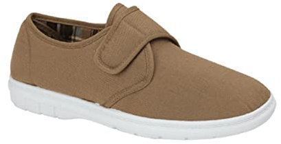 GladRags Mens Canvas Hook & Loop Strap Closure Wider Fit Plimsoll Pump Trainer Deck Shoe, Taupe, Size 9