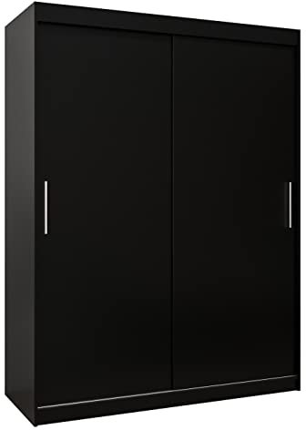 MEBLE KRYSPOL Tokyo 150 Kleiderschrank mit Zwei Schiebetüren für Schlafzimmer – moderner Aufbewahrungsschrank mit Kleiderstange und Regalen – 150x200x62cm - Mattschwarz