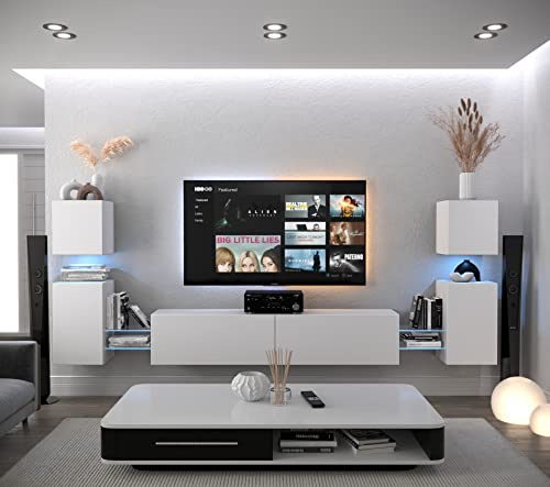Furnitech Wohnwand Wohnzimmer | Wohnzimmer Möbel mit LED Weiß | Hängend Wohnwand Modern | Wohnzimmer Schrankwand mit Regale und TV Schrank (AN105-21W-M4 1A)