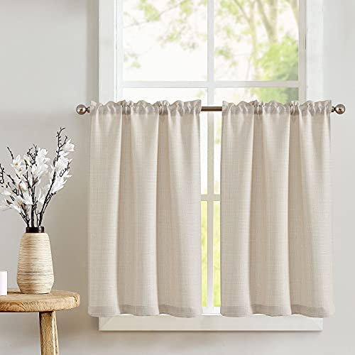 Vangao Scheibengardinen Modern Vorhang Küche 70Bx60H cm Bistrogardine 2er Set mit Stangendurchzug Kurzstores Gardinen Kurz Leinenoptik Küchengardinen für Wohnmobil Kleine Fenster, Beige