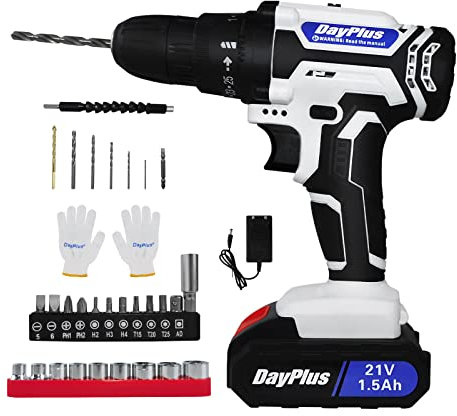 Akku-Bohrmaschine 21V Akkubohrer 29 teiliges, Eingebaut LED Licht,25+1 Drehmoment 45Nm Bohrschrauber Variable Geschwindigkeit, Weiß mit 1 Akku
