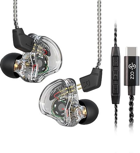 Auriculares in Ear Gaming IEM de CCZ Melody USB C In-Ear-Monitor, de Graves Profundos Deep Bass HiFi con Cable Desmontable de 2 Pin 4N OFC para Audiófilo/MP3/MP4/PC(Transparente, con micrófono USB C)