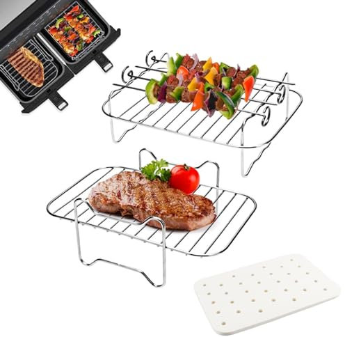 Airfryer Zubehör, Darryy 20CM 304 Zubehör für Heißluftfritteuse, Air Fryer Rack Set, Airfryer Grillrost, mit 4 Spieß Kompatibel für Dual Air Fryer Ofener Mikrowelle Backen Braten (Rechteckig)