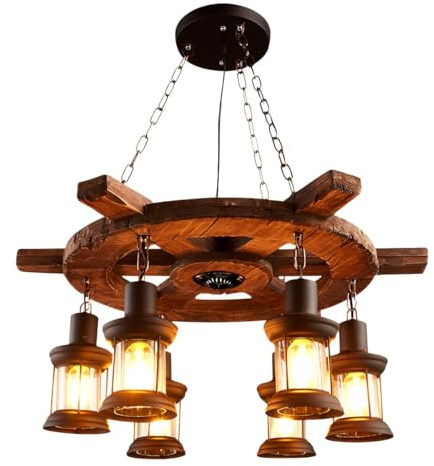 FANEPRO 6 Lights Industrial Wooden Pendant Light, Ship Wheel Wooden Antique Hanging Chandelier, E26 Metal Glass Lampshade, Vintage Bar Ceiling Light with Adjustable Height, for Living Rooms, bedrooms