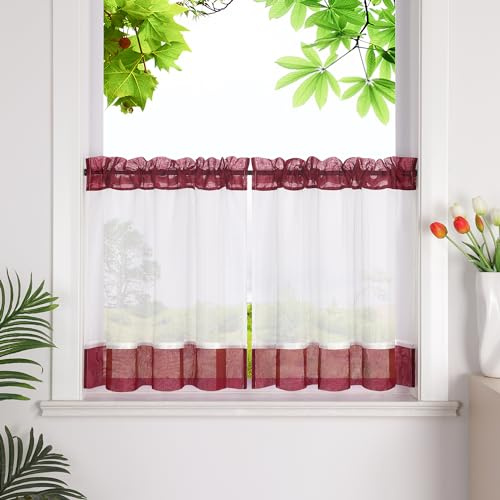 HeichkelL Net Curtains with Stripes, Kitchen Short Curtains, Linen Look, Bistro Curtain, Small Window Curtain, Red with Drawstring, W x H 45 x 120 cm, Pack of 1