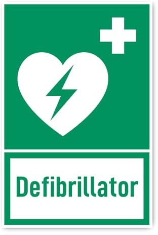 Aufkleber: 300x200 mm, 1 Stück - Automatisierter Externer Defibrillator (AED) - Rettungszeichen mit Text (deutsch) (grün/weiß) - hochkant - E010 - DIN EN ISO 7010 / ASR A1.3