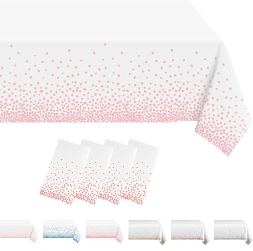 MORAINJAY 4 Stück Weiß und Rosa Party Rechteckig Tischdecke, 137x274cm Dot Confetti Wasserdicht Fleckschutz Tischdecken für Geburtstagsfeier, Hochzeit, Weihnachten, Kindergeburtstag, Cocktail